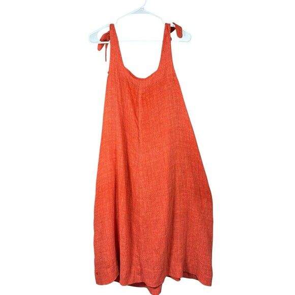 Women’s Red Linen Blend Tie Shoulder Smock Dress Lagenlook Oversized Boho - Picture 2 of 8